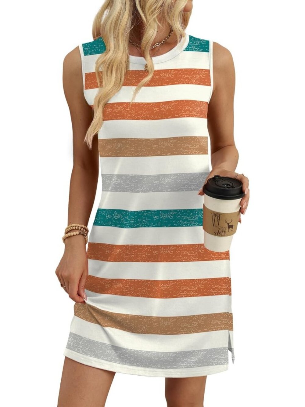 Women's Color Stripe Summer Casual Dress Crewneck Sleeveless Tank Dresses - Picture 4 of 5